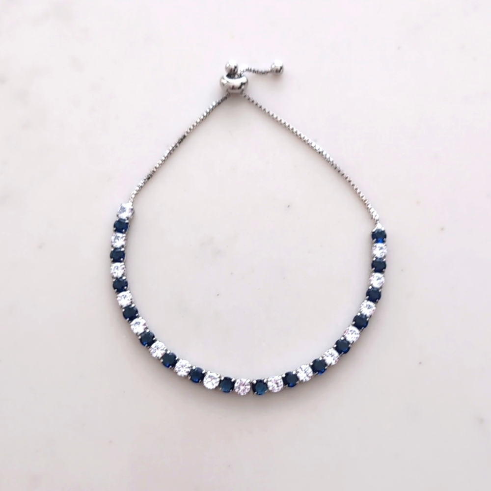 Rhodium clear & sapphire cubic zirconium adjustable bridal wedding bracelet